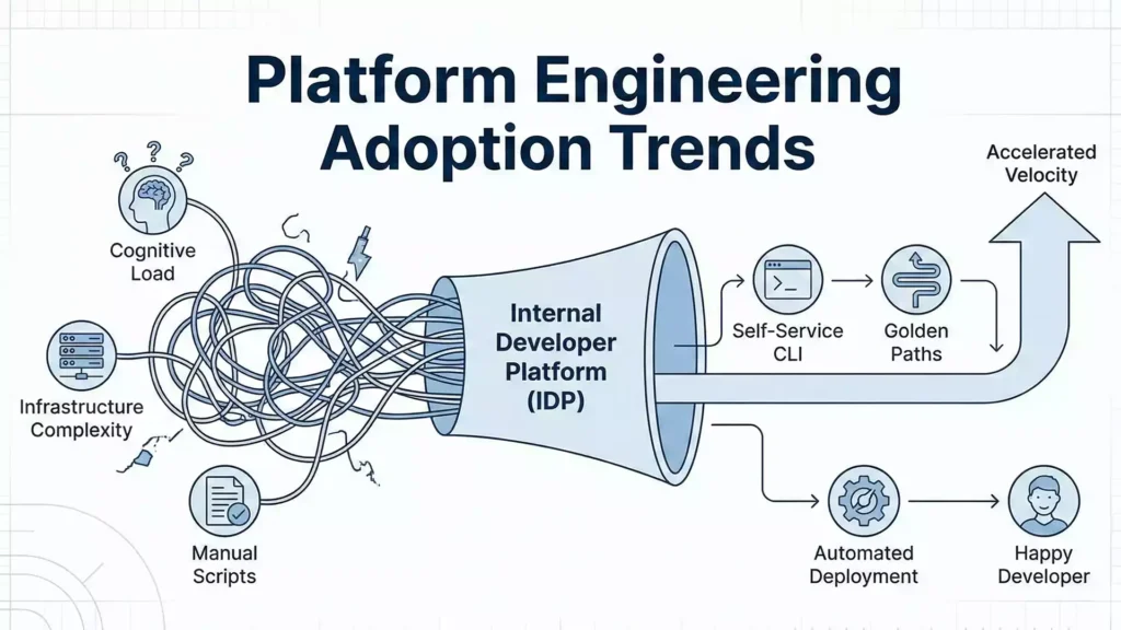 A diagram illustrating the concept of an Internal Developer Platform (IDP) streamlining the software delivery lifecycle, relevant to platform engineering adoption trends
