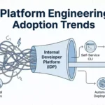 A diagram illustrating the concept of an Internal Developer Platform (IDP) streamlining the software delivery lifecycle, relevant to platform engineering adoption trends