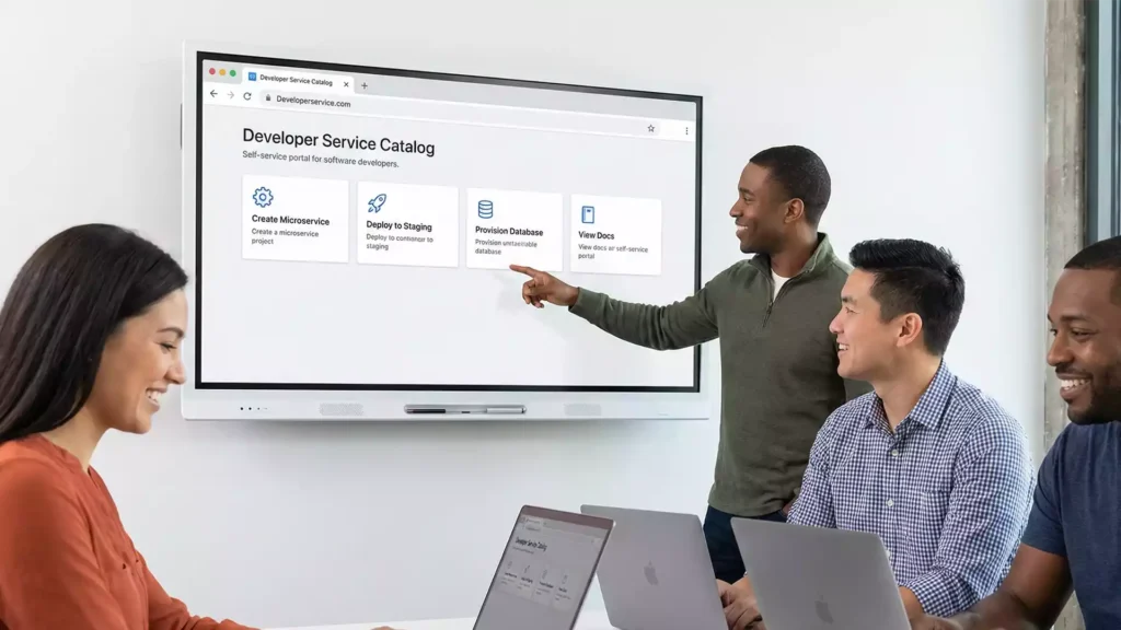 A team of developers collaborating around a screen showing a self-service service catalog portal, demonstrating improved developer productivity
