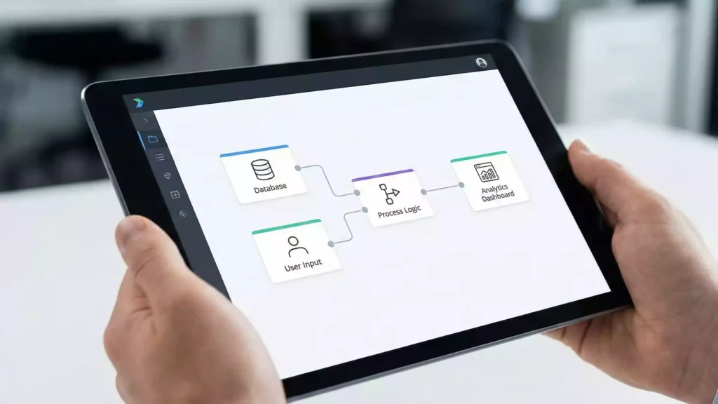 Close-up view of a tablet displaying a simple enterprise low-code application development interface with logic blocks
