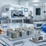 Multiple advanced solid-state battery cells being handled with precision tools in a clean, brightly lit modern laboratory.