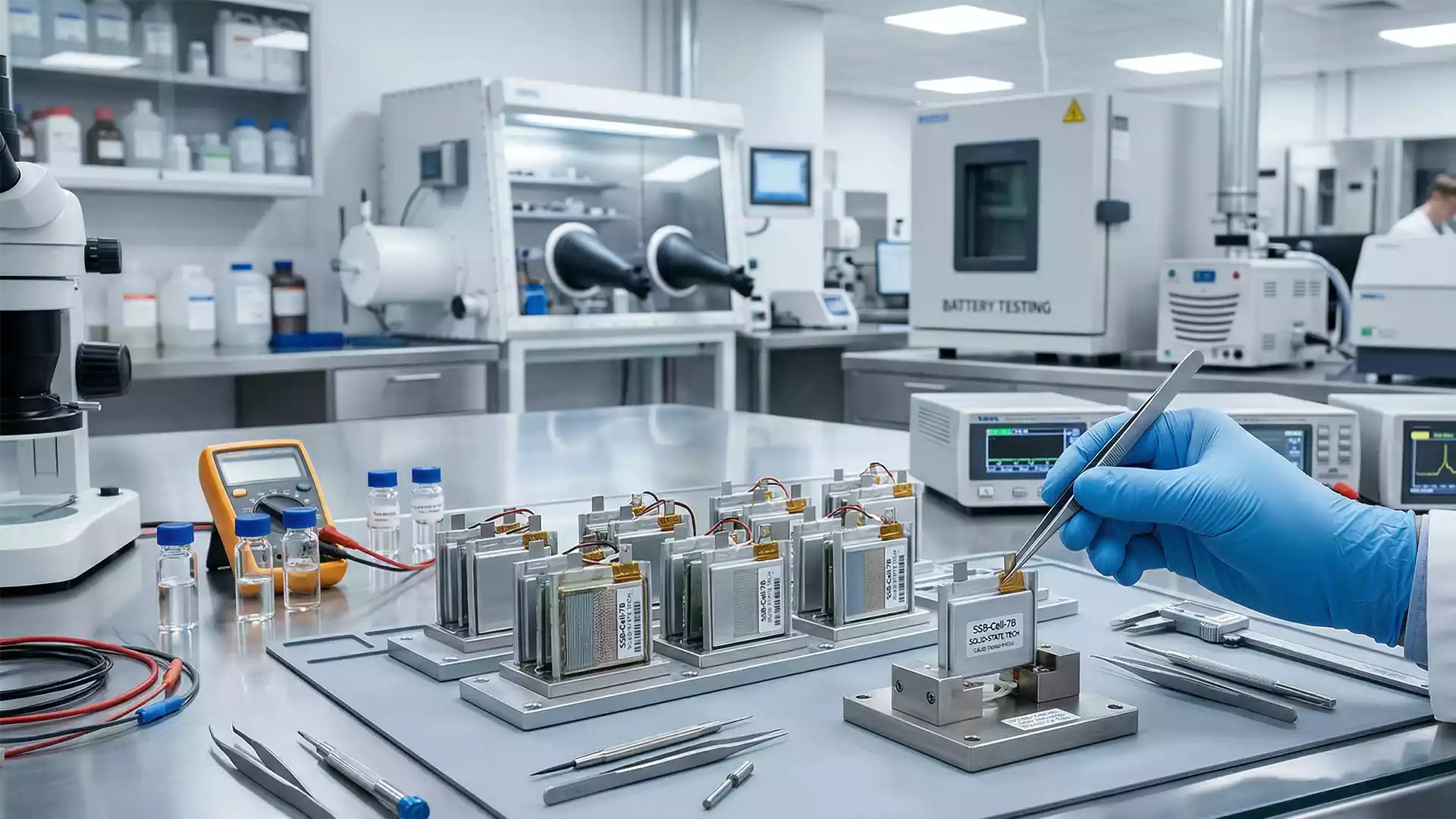 Multiple advanced solid-state battery cells being handled with precision tools in a clean, brightly lit modern laboratory.