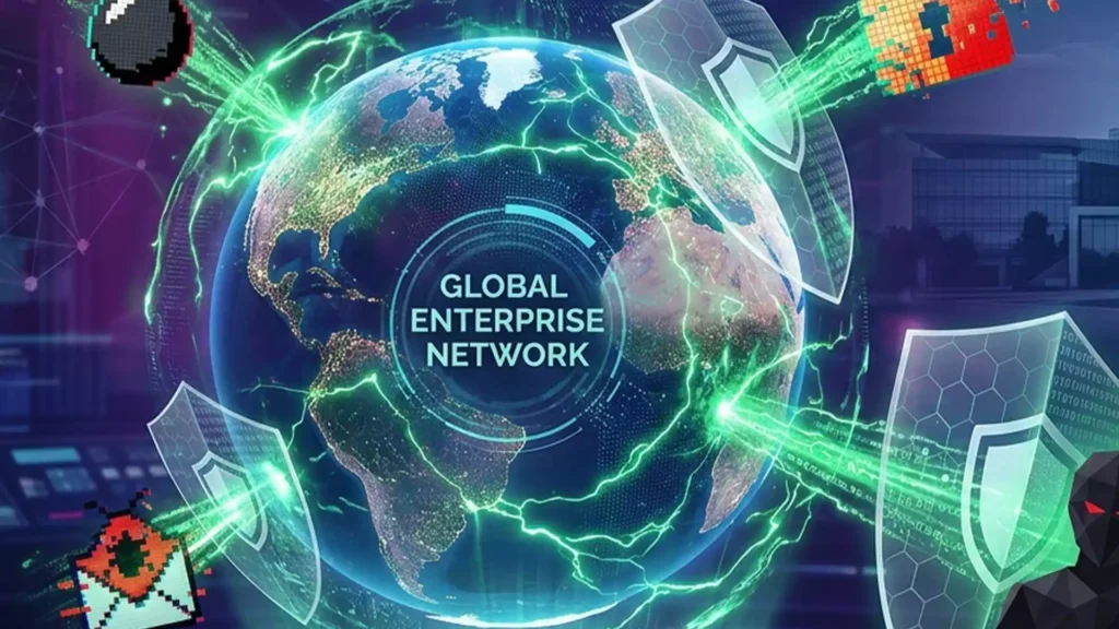A visually dynamic and futuristic scene representing enterprise cybersecurity.