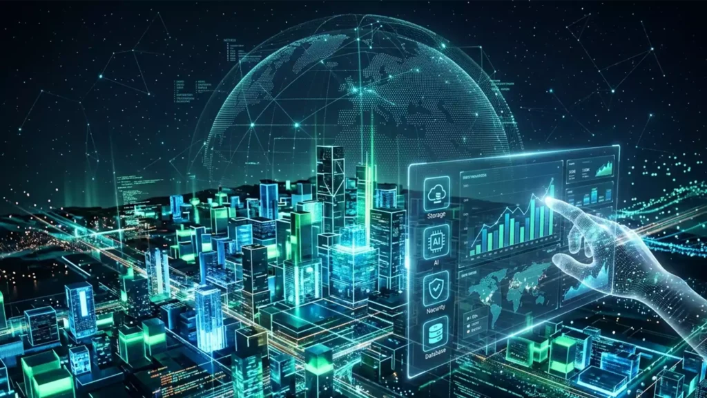 A visually striking, high-definition image depicting a futuristic, abstract digital city formed by interconnected blocks and data streams, symbolizing modern cloud infrastructure