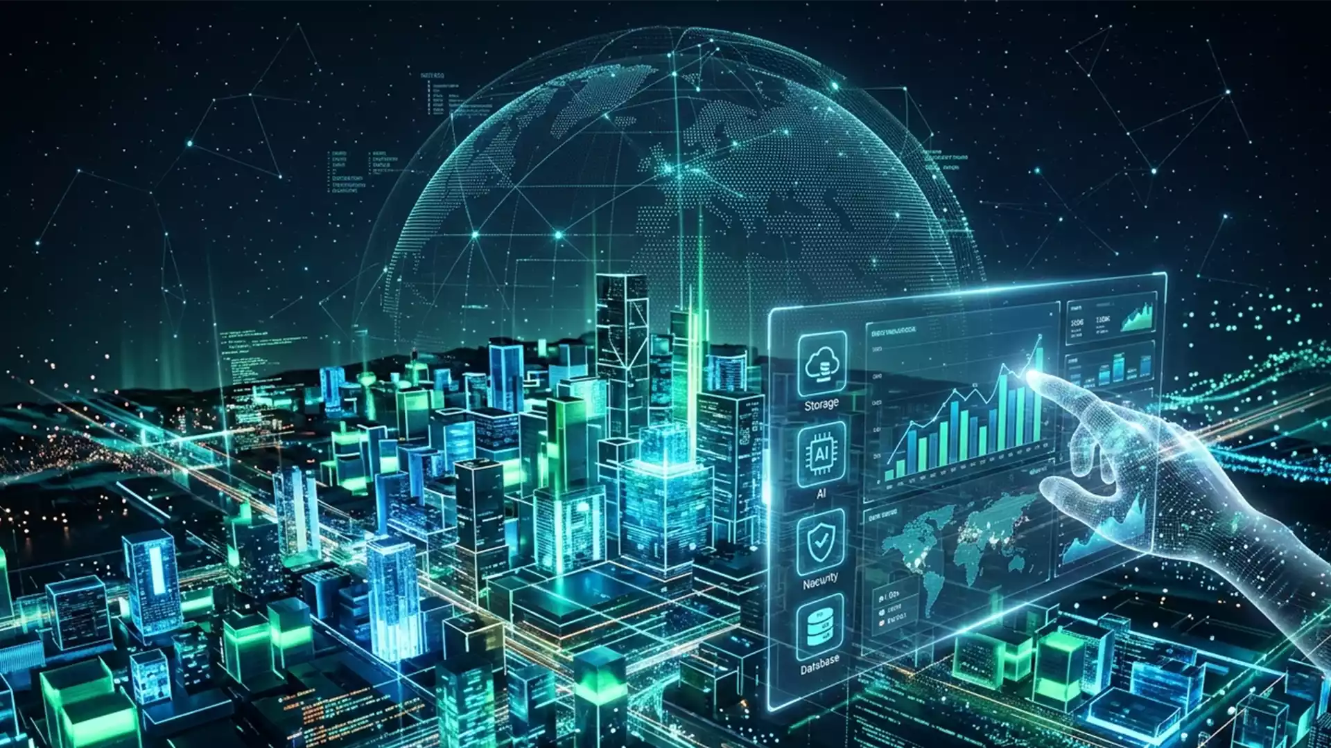 A visually striking, high-definition image depicting a futuristic, abstract digital city formed by interconnected blocks and data streams, symbolizing modern cloud infrastructure