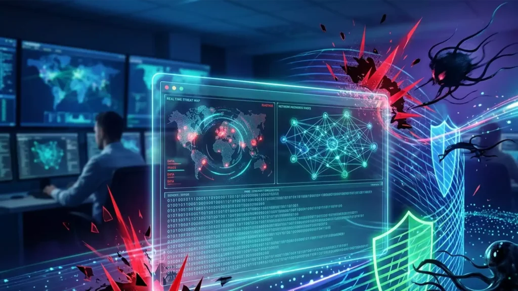 A visually striking, high-tech abstract representation of modern enterprise cybersecurity developments.
