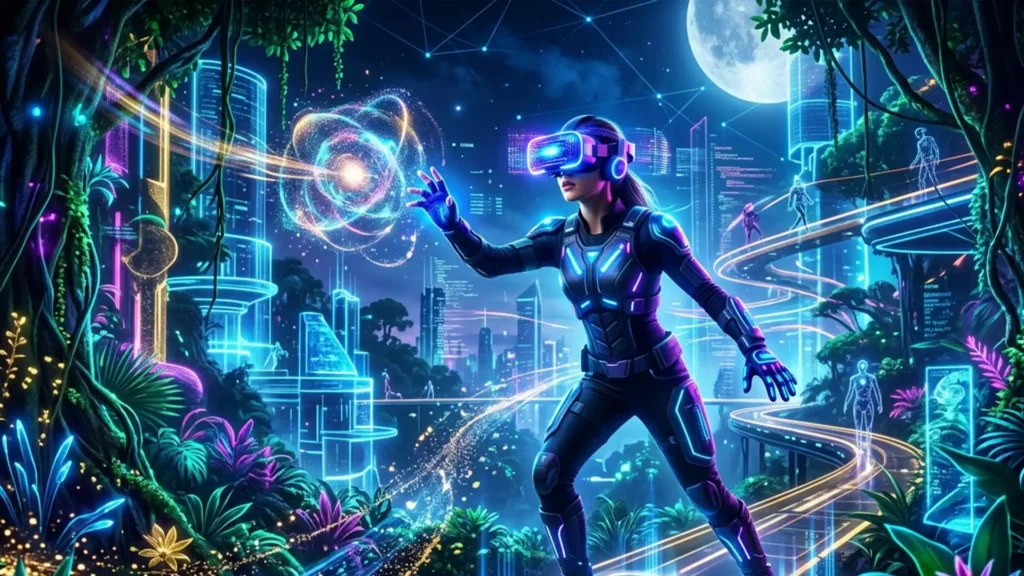 Cutting-edge virtual gaming-A dynamic, futuristic gaming scene. A central figure, wearing a sleek, illuminated VR headset and haptic gloves, stands in a neon-lit, hyper-realistic virtual environment
