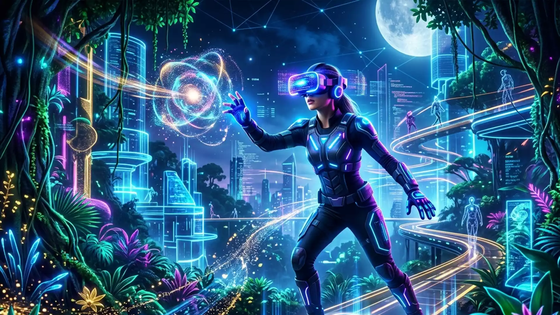 Cutting-edge virtual gaming-A dynamic, futuristic gaming scene. A central figure, wearing a sleek, illuminated VR headset and haptic gloves, stands in a neon-lit, hyper-realistic virtual environment