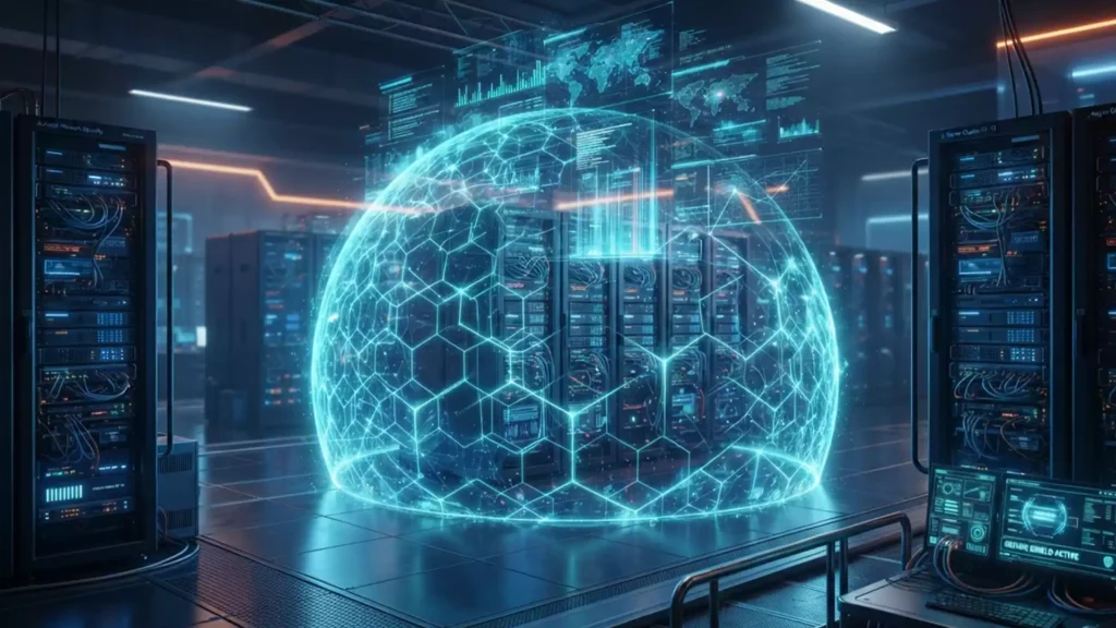 Futuristic glowing digital shield defending a network of illuminated server racks with blue hologram projection grids, symbolizing modern corporate cyber defense.