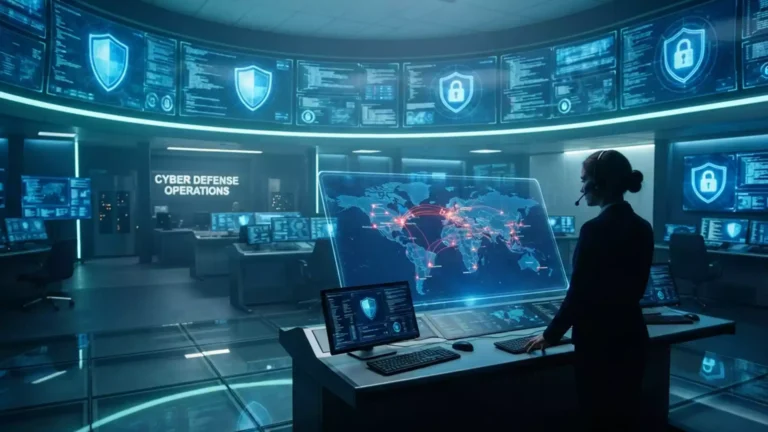 High-tech security command center displaying holographic digital shields and network maps, representing modern enterprise cybersecurity trends.