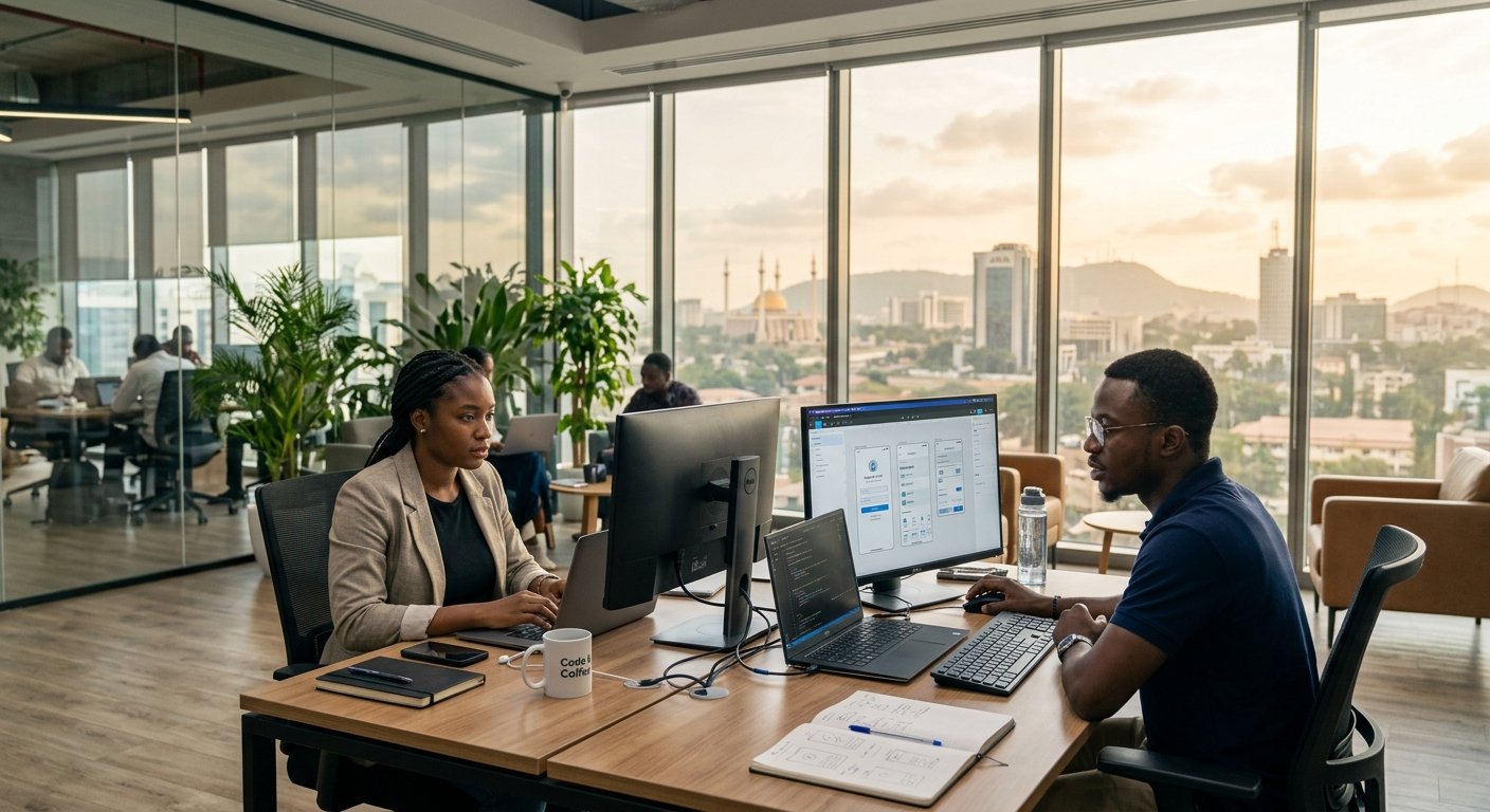 Modern mobile app development workspace in Abuja showing cross-platform wireframes.