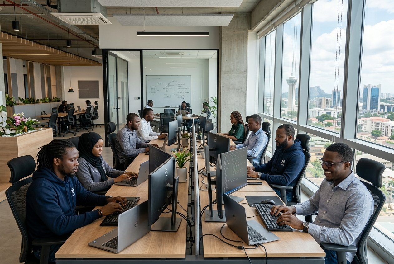 Professional Abuja software experts collaborating on custom application development at the Krustylab technology hub.