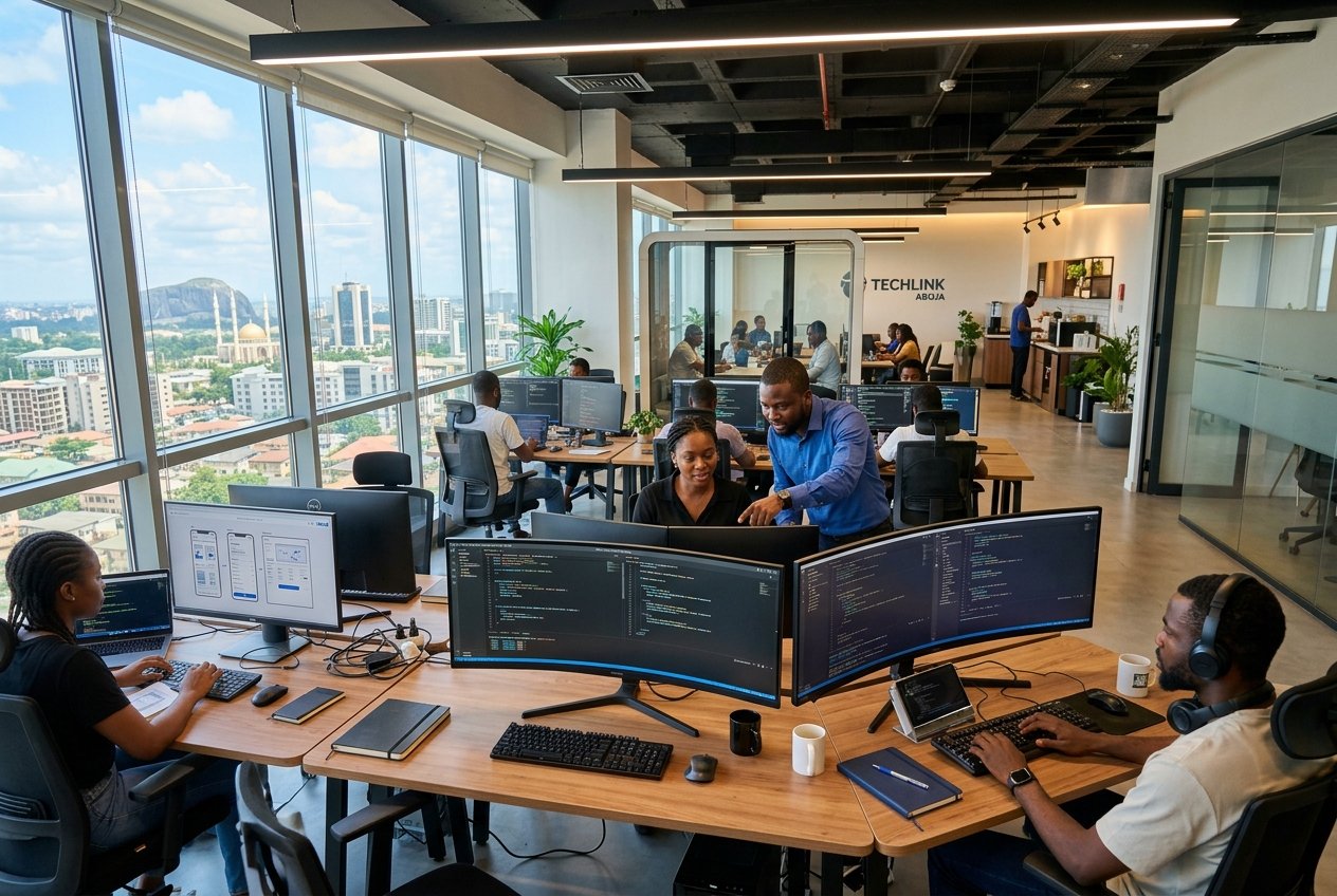 Abuja Software Tech Firm developers building custom digital applications in a modern high-tech office.