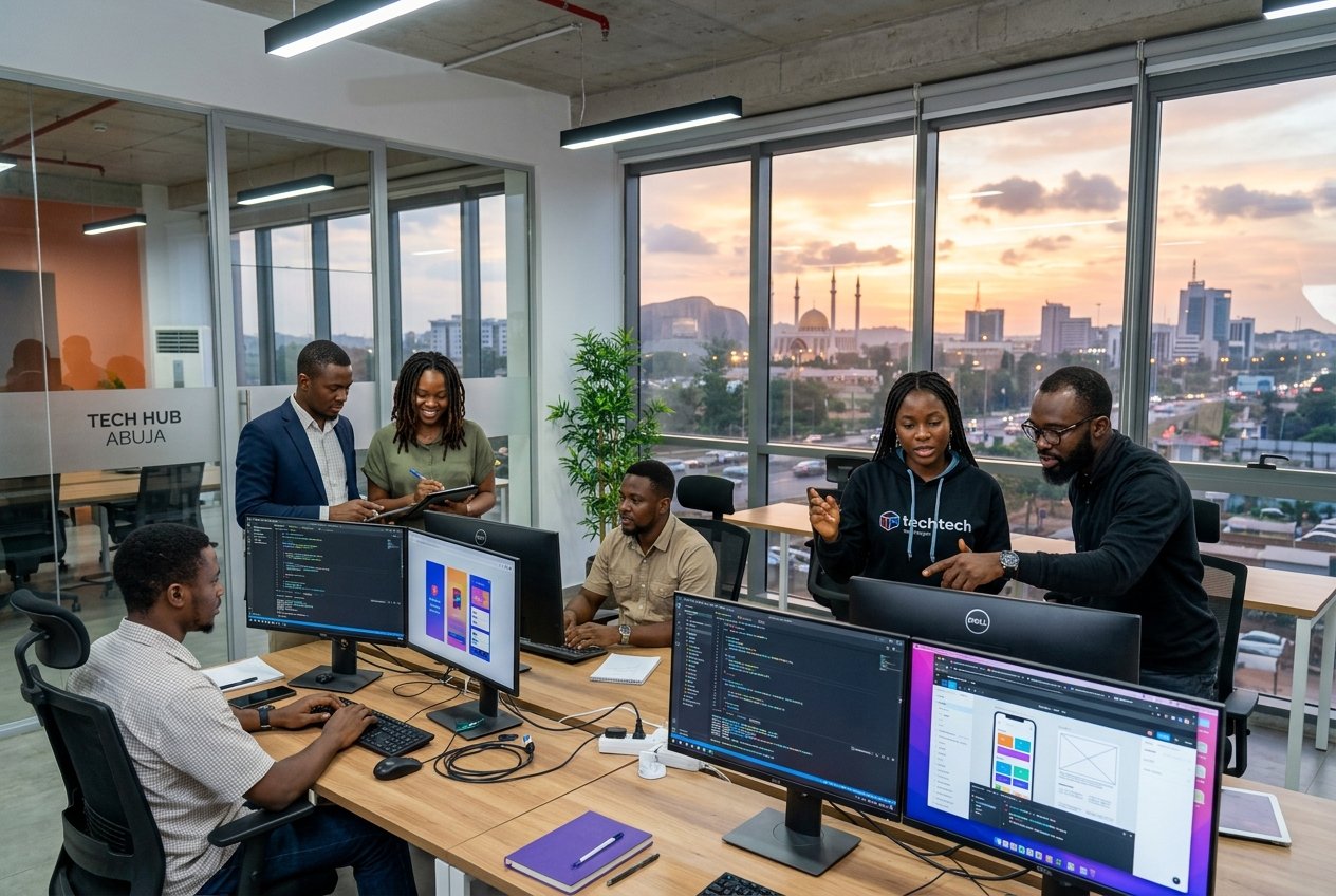 Professional software engineers at Krustylab, an Abuja Tech Solution Firm, developing custom software in a modern office.