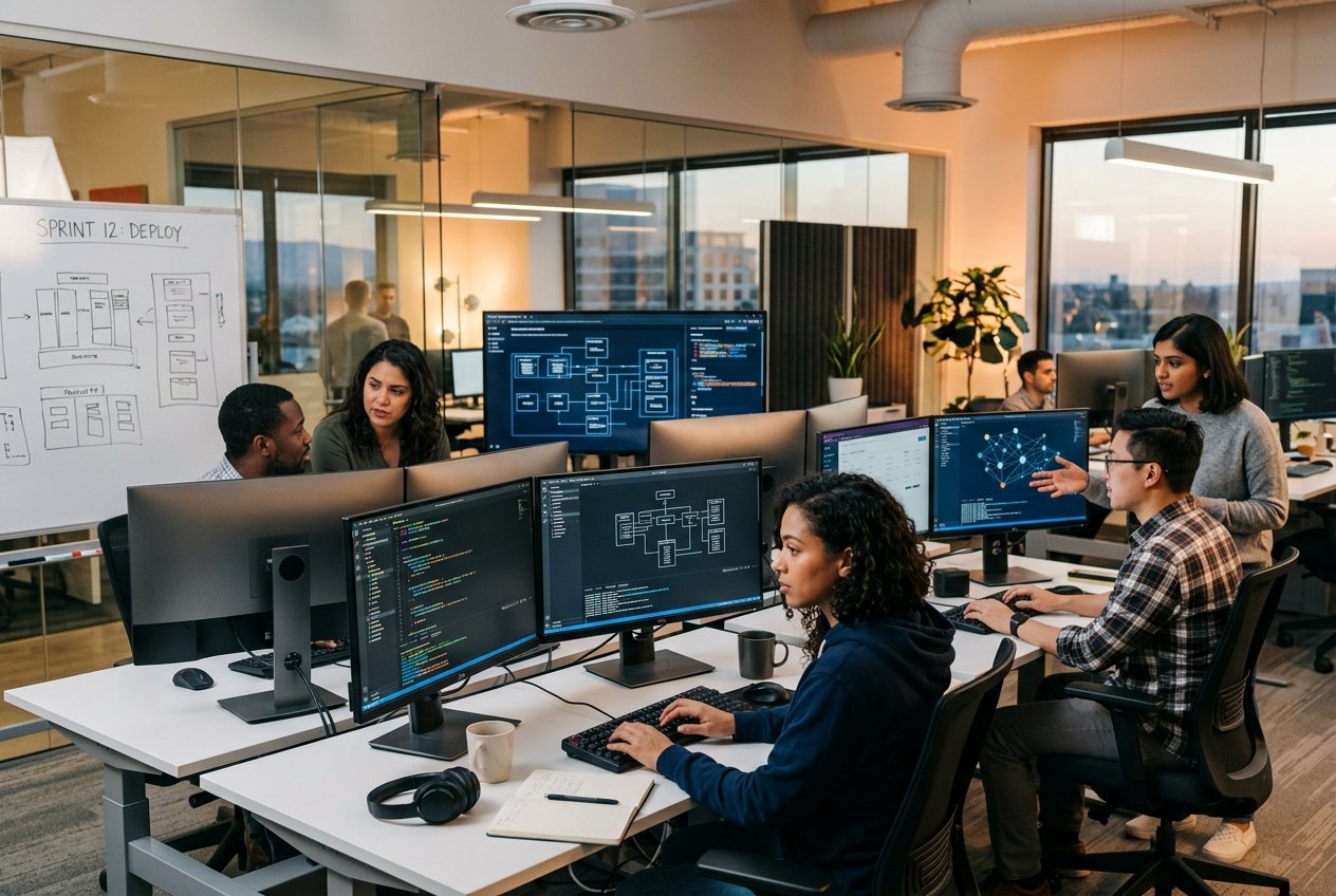 Professional software developers working on bespoke digital solutions at Krustylab office