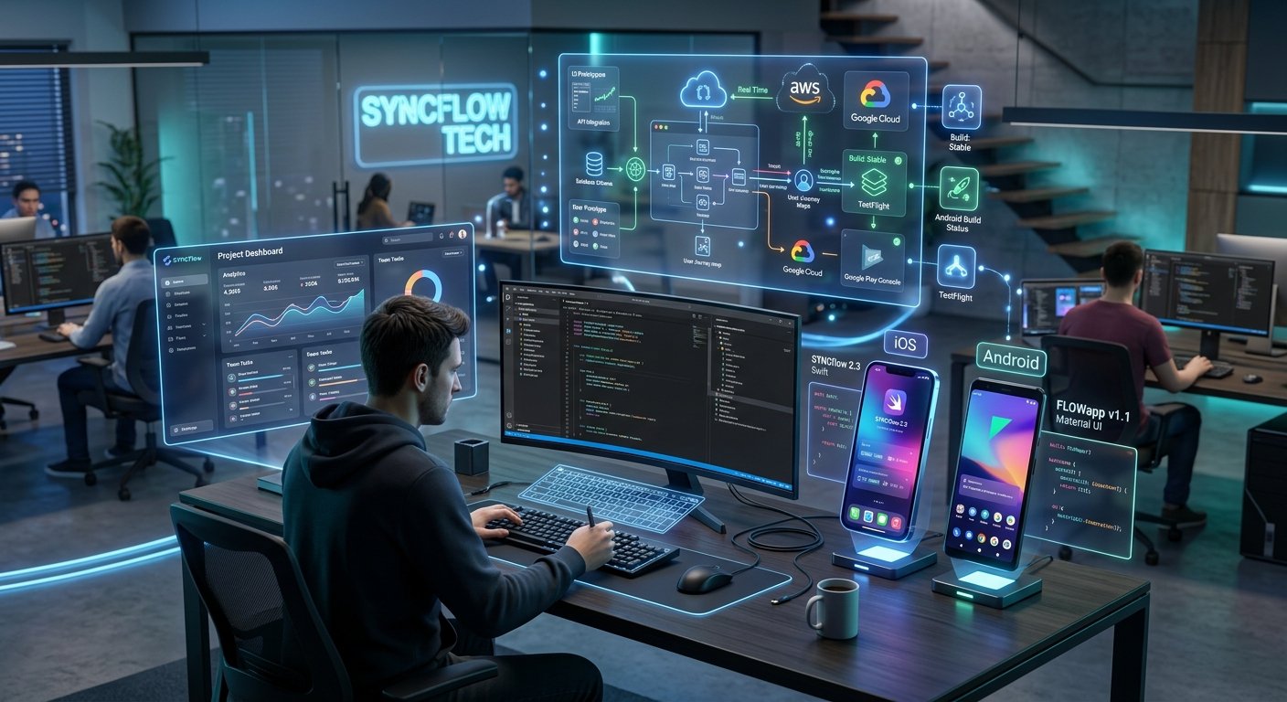 Cross-platform mobile app development visualization for 2026 startups showing high-tech interface designs.
