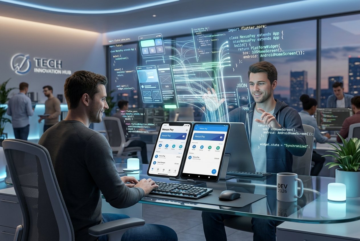 Advanced 2026 mobile development showing cross-platform framework efficiency on multiple mobile devices for startup founders.