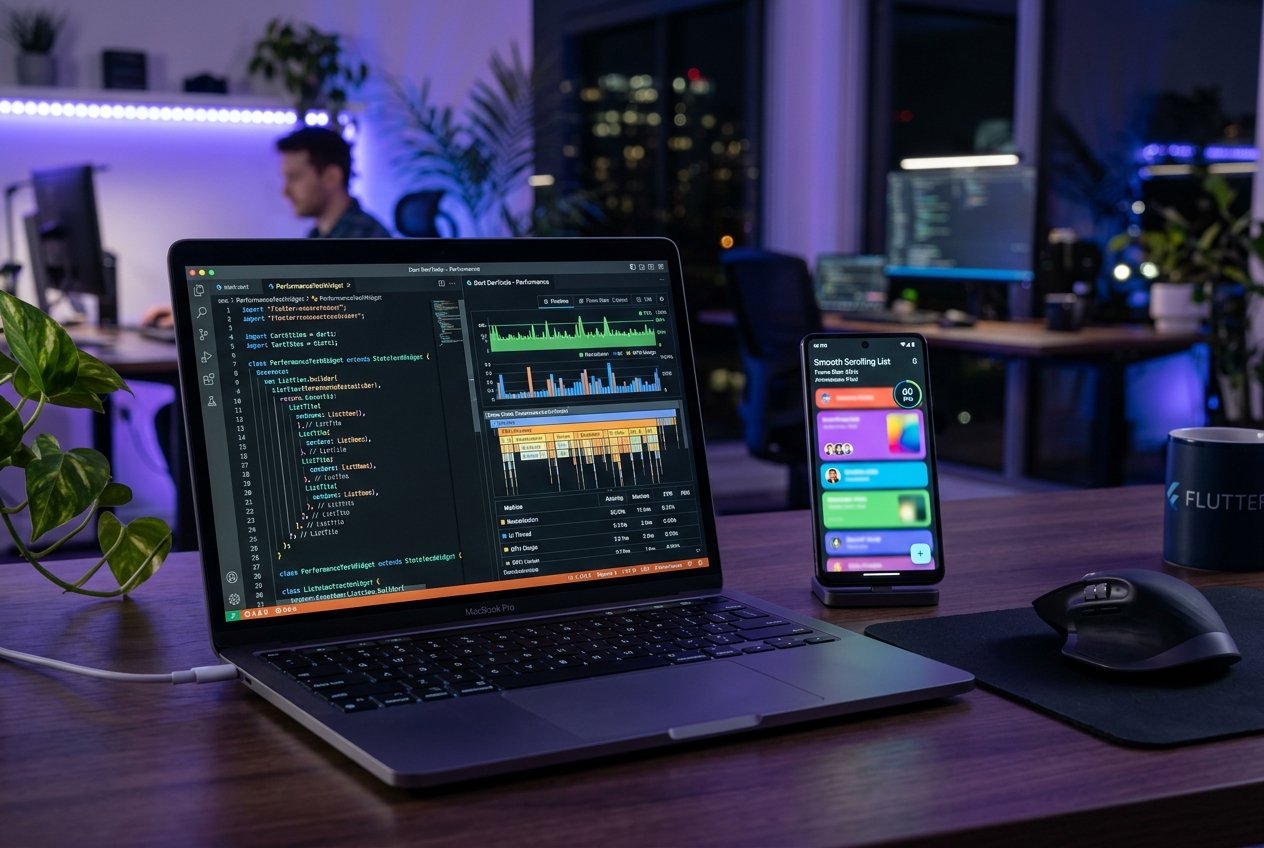 A professional developer workstation showing performance profiling tools used to enhance Flutter app speed.