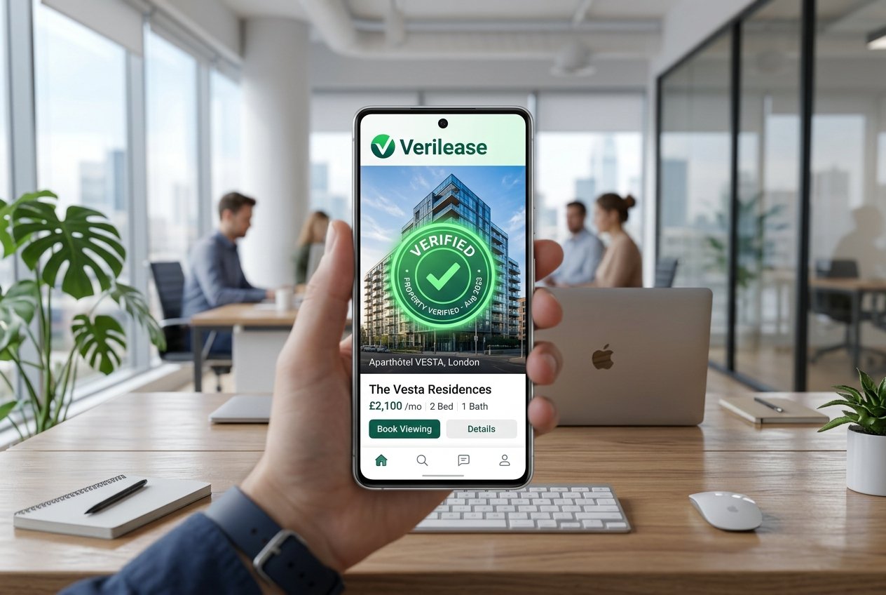 Verilease mobile app interface showing verified property listings for secure space finding.