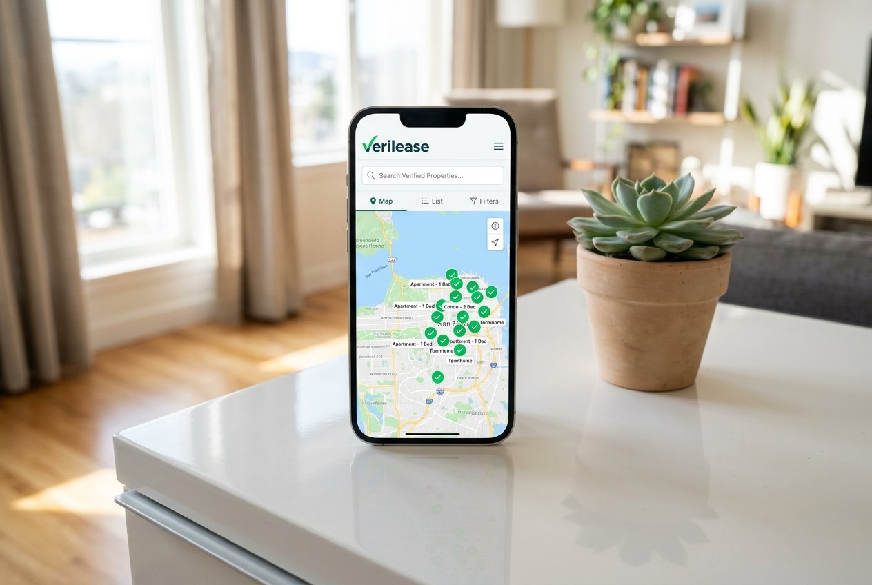 Verilease mobile app interface showing verified property listings on a digital map for secure space finding.
