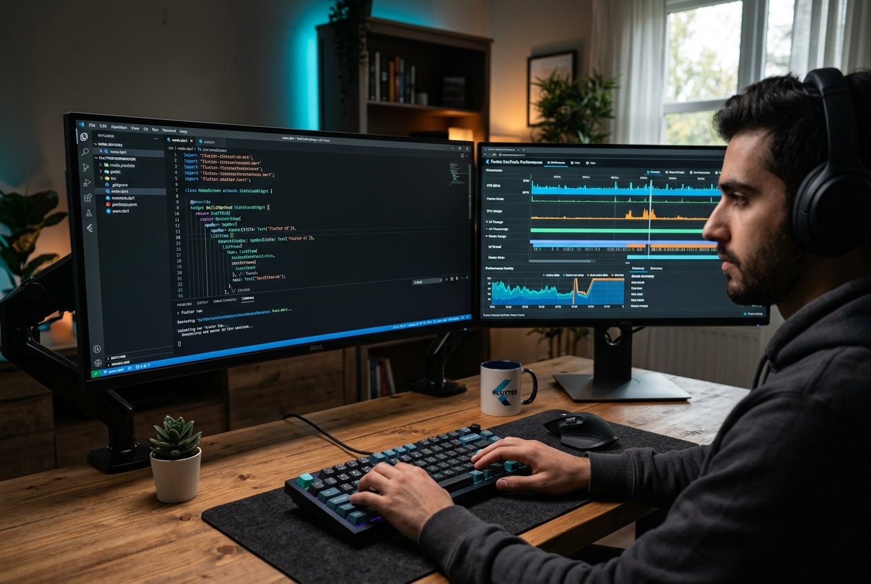 A professional developer using tools for Flutter Performance Tuning on a dual-monitor setup.