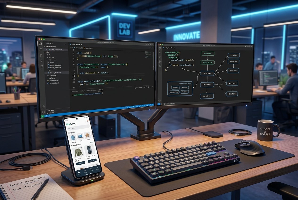Professional developer implementing advanced Flutter Riverpod architecture for a scalable mobile application.