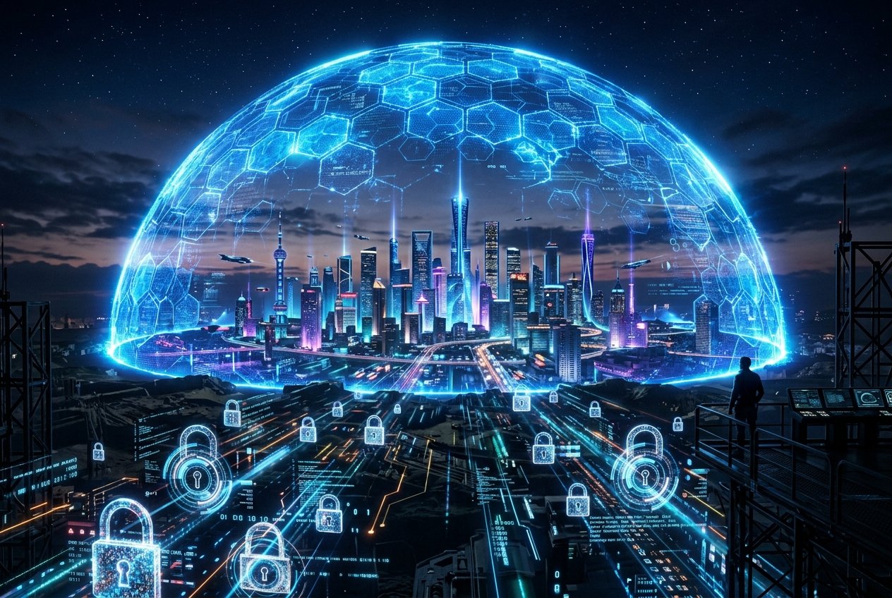 A blue holographic shield representing fortified digital cyber resilience protecting a modern cityscape.