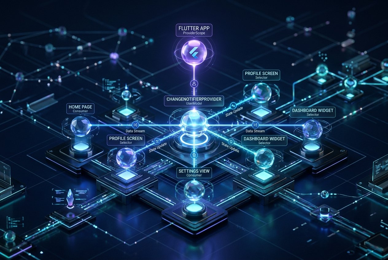 Visualizing professional Master Riverpod State Management architecture for high-performance Flutter mobile applications.
