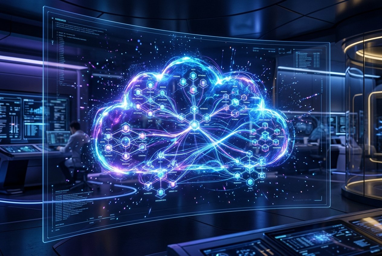 Futuristic visualization of Modern Cloud Engineering infrastructure showing microservices and scalable network nodes.