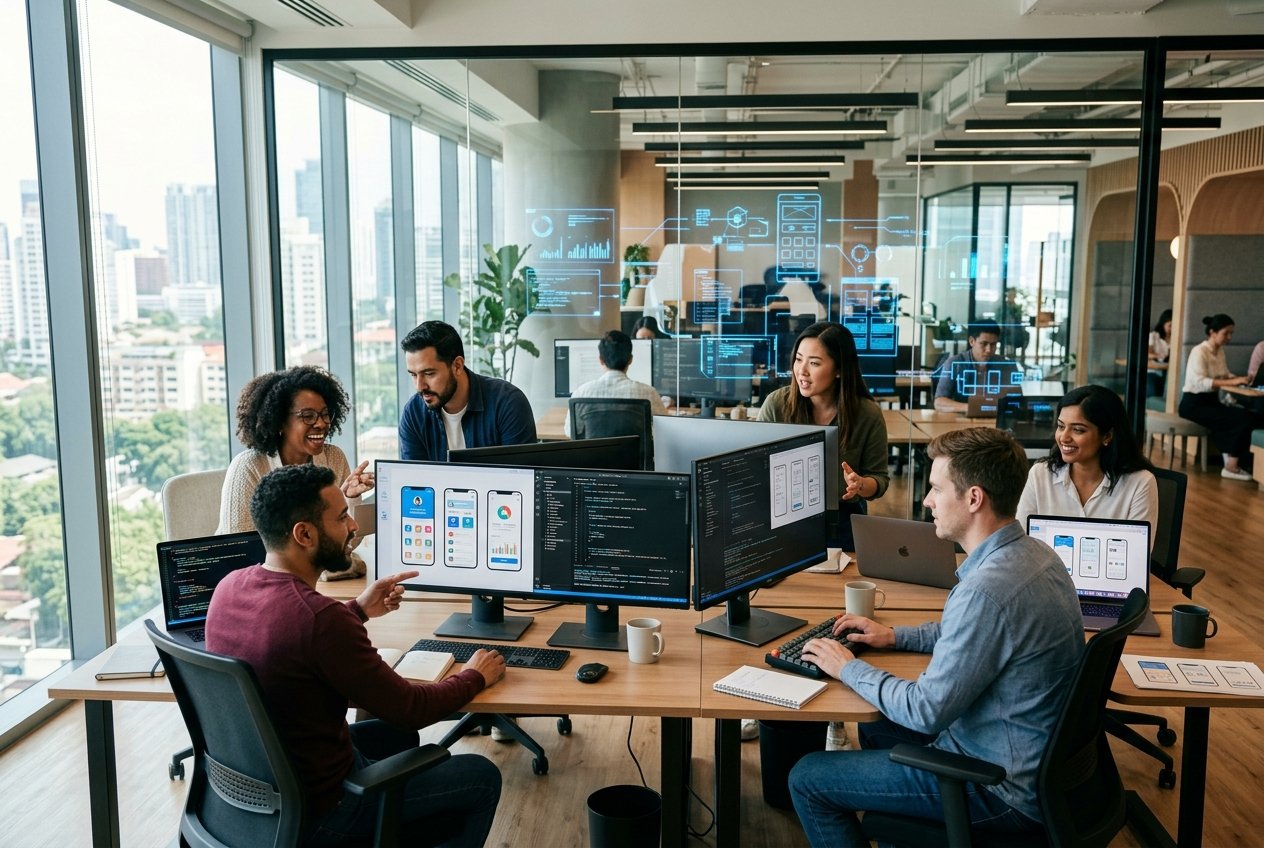 Multi-platform app experts at Krustylab working on mobile software development in a modern office