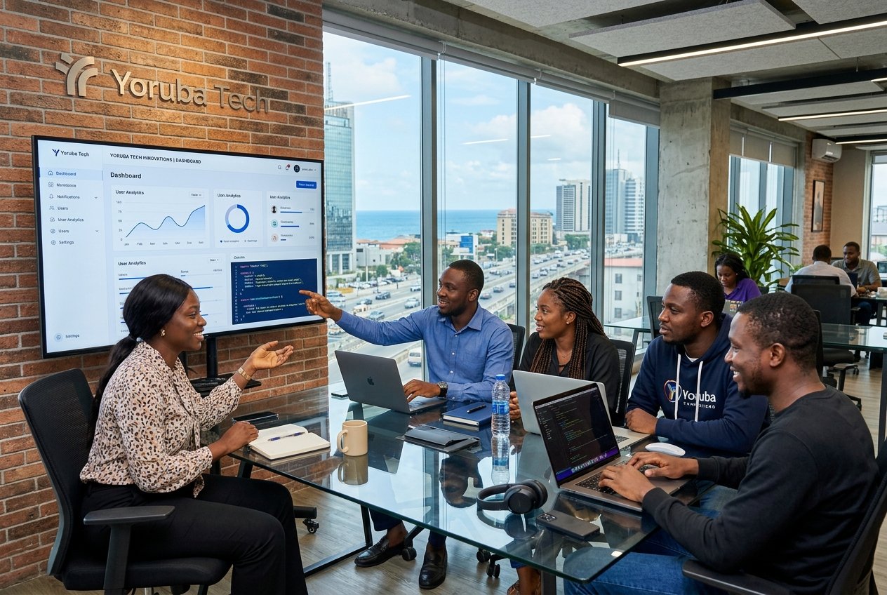 Software developers at Krustylab, a Nigeria MVP launch firm, collaborating on a startup tech prototype in a modern office.