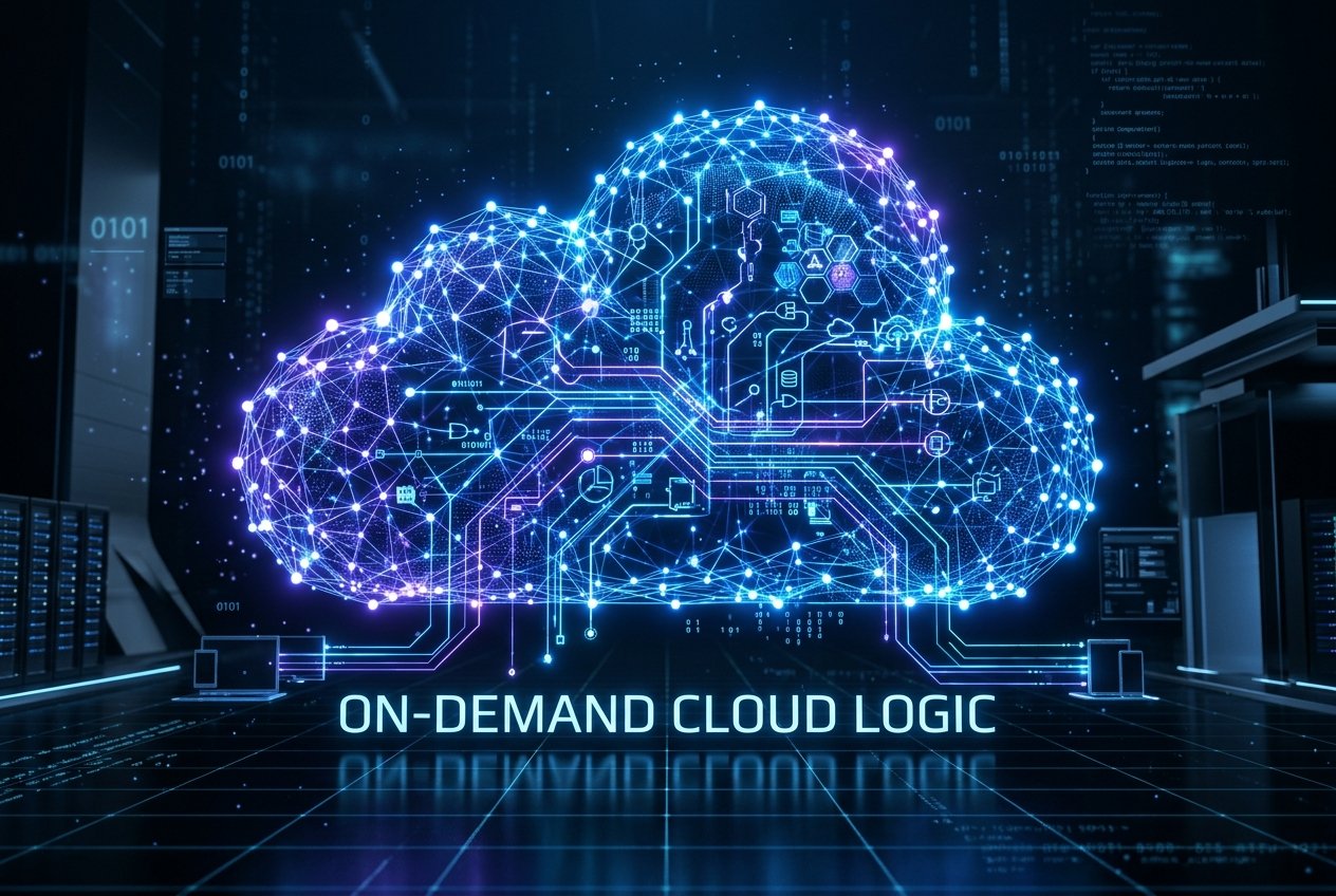 On-Demand Cloud Logic visualized as a network of glowing data nodes in a digital cloud.