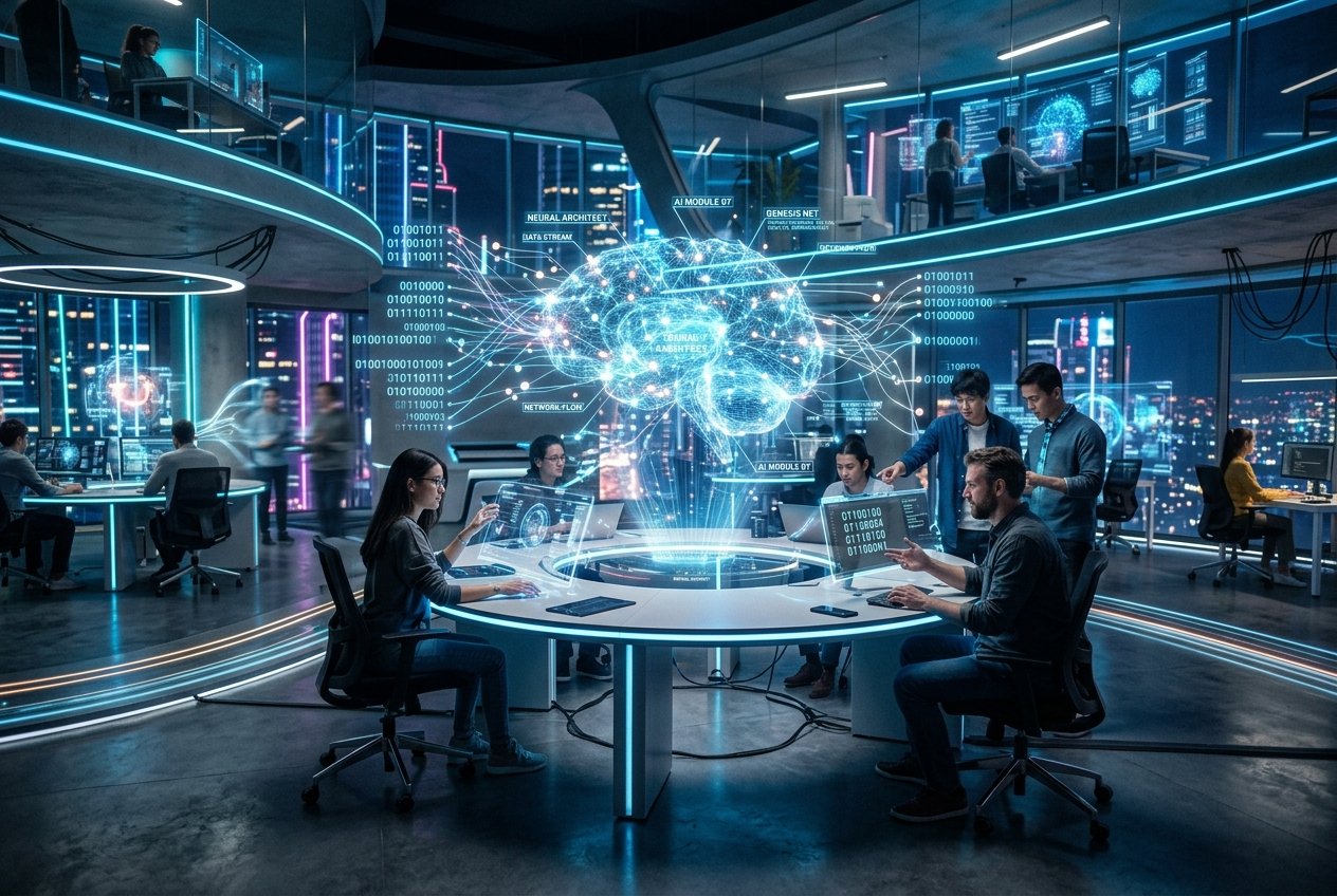 Professional developers working with Smart Tech Implementation through holographic AI neural networks in a futuristic workspace.