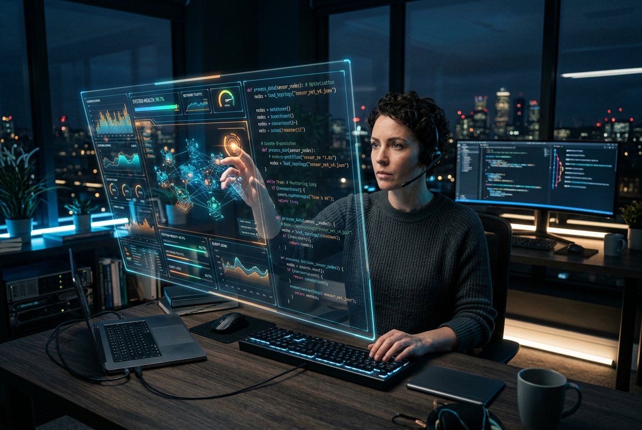 Professional developers crafting tailored software solutions at Krustylab's high-tech innovation hub.