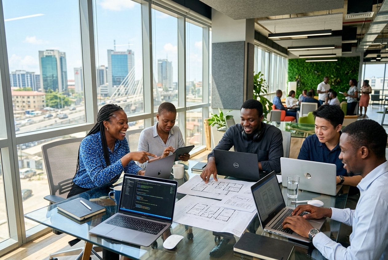 Top Nigeria MVP Agency team collaborating on startup software development in a modern Lagos office.