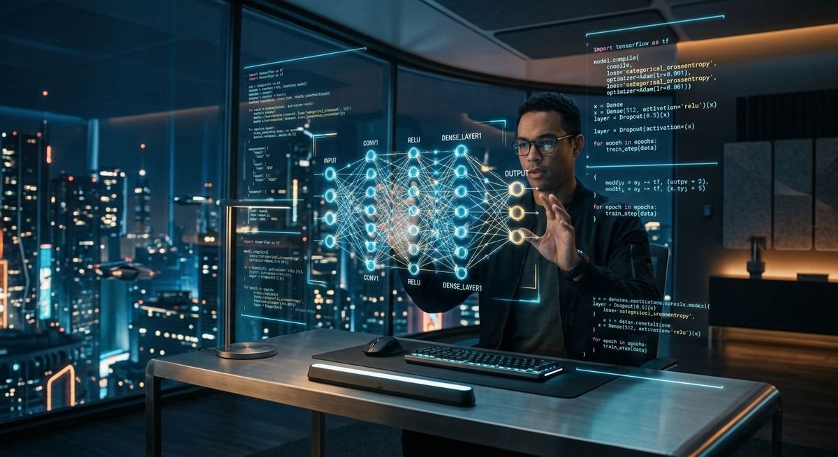 Futuristic digital workspace representing modern AI innovation and technological breakthroughs