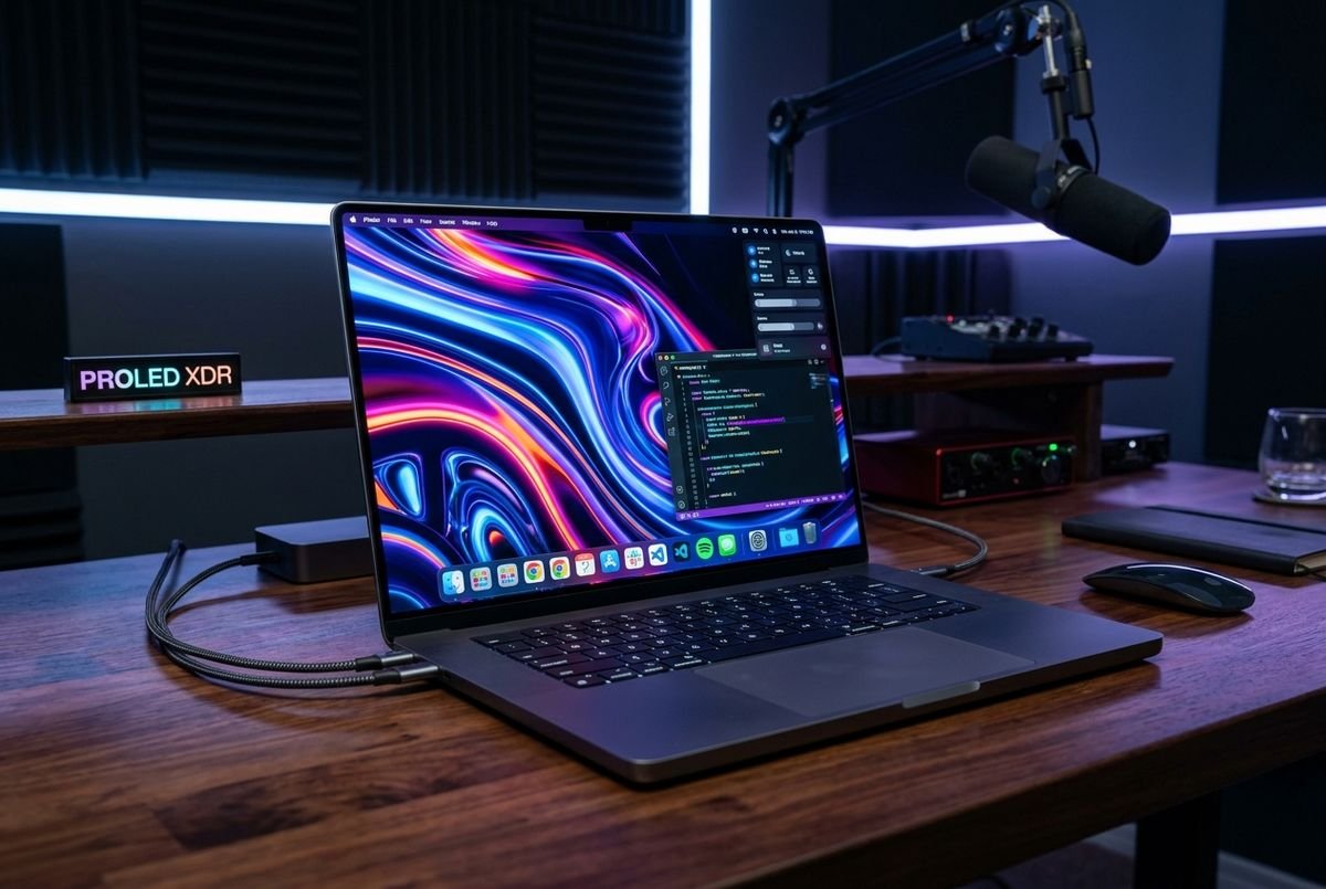 The new Apple MacBook Pro with PROLED XDR display showcased on a modern desk.
