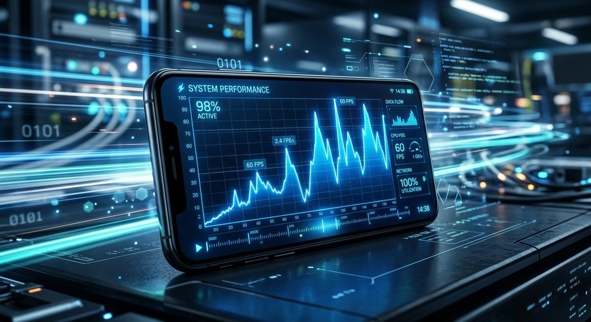 Professional visualization of a smartphone showing optimized Flutter app performance metrics and data.