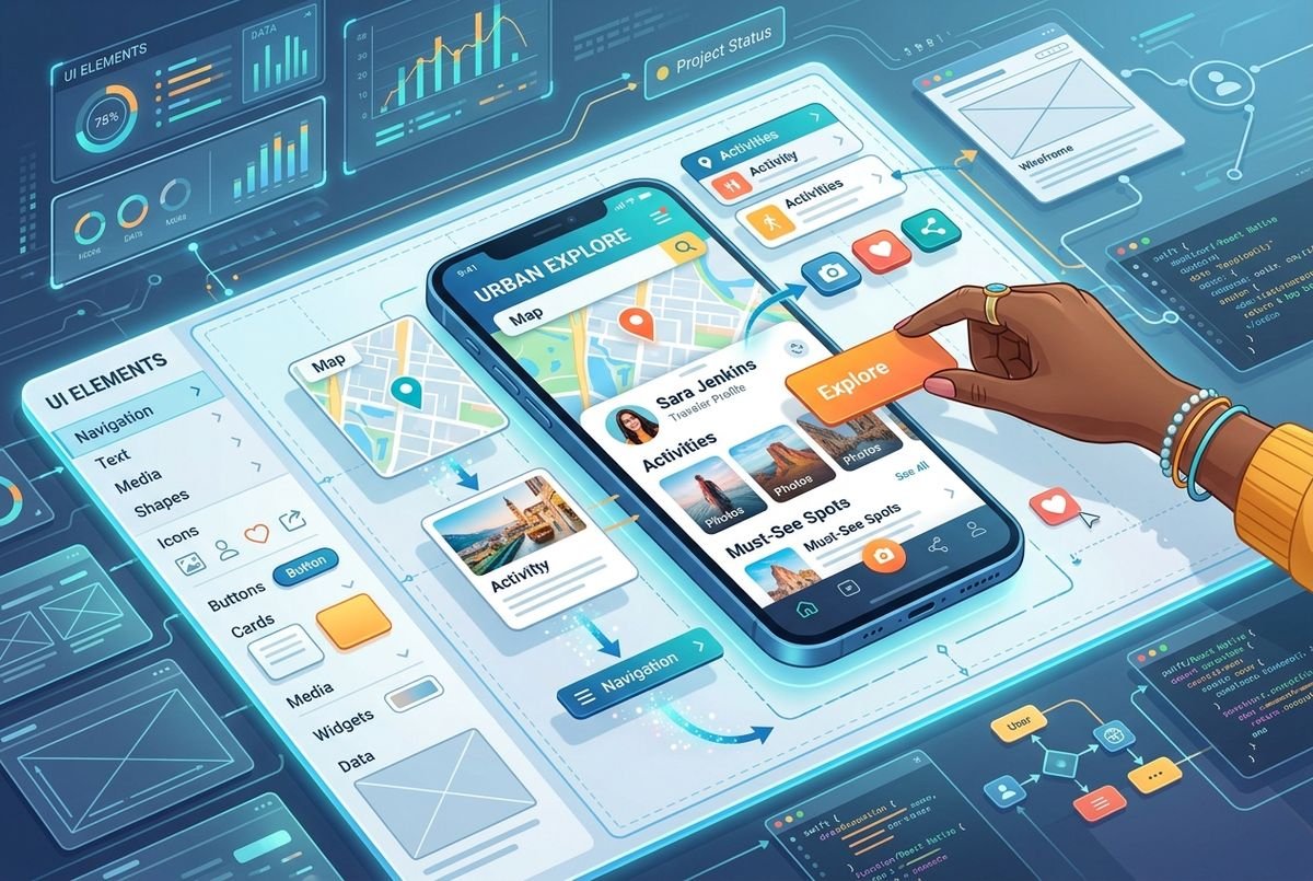A creative visualization of modern digital tools used for building scalable software applications.
