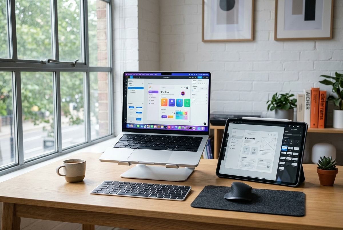 Professional designer working on a modern visual application interface using digital tools.