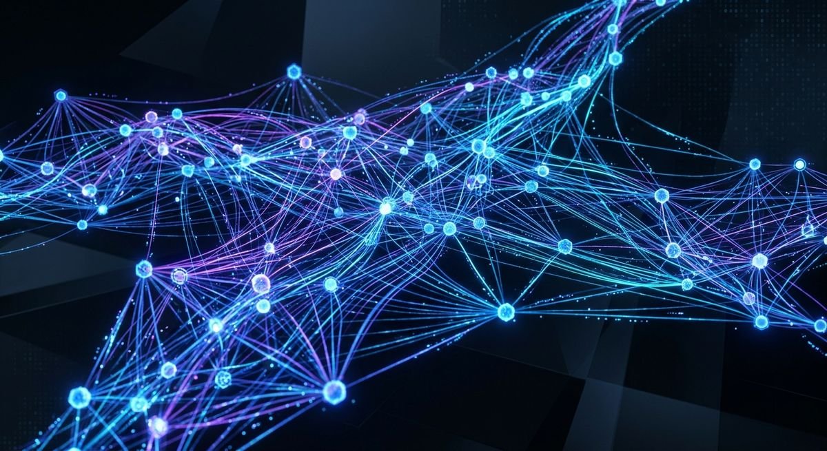 Digital nodes and fiber optic connections illustrating cloud function logic architecture.