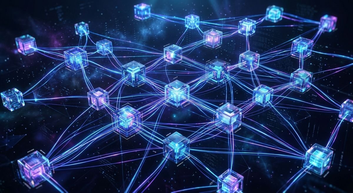 Abstract digital representation of cloud computing infrastructure and microservices for scalable business software development.