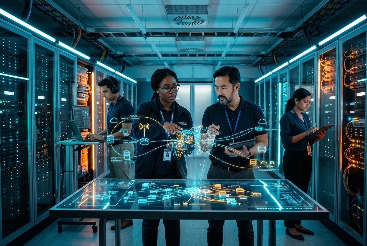 IT engineers managing cloud technology services in a futuristic glowing server room