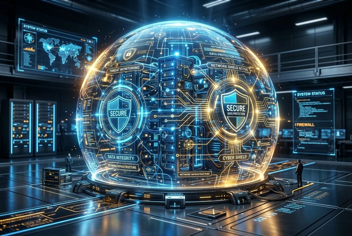 Abstract digital representation of enterprise cybersecurity trends and data protection measures.