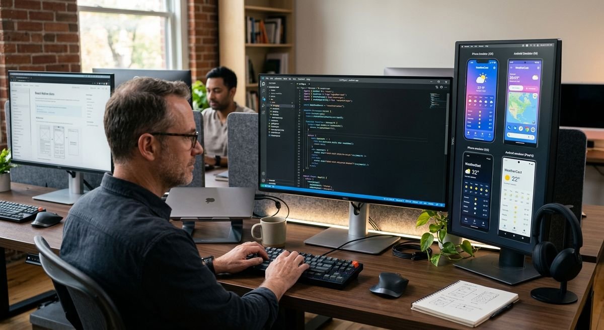 Expert Krustylab Cross-platform app developers working on modern mobile software interfaces in a bright office.