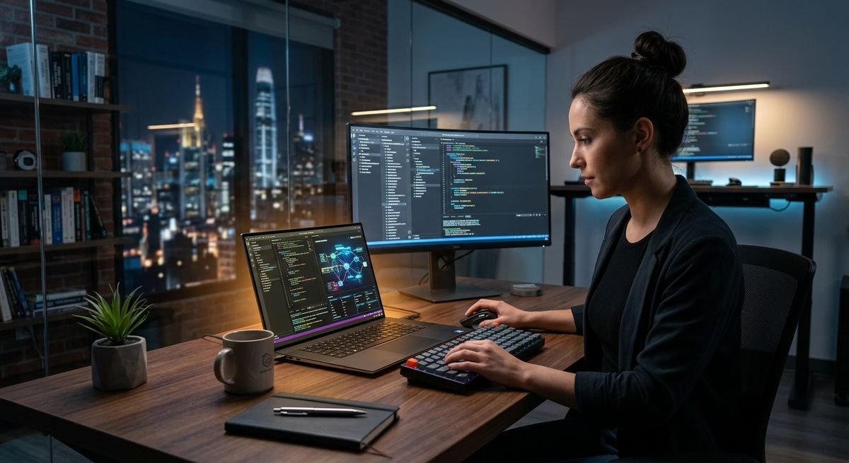 Professional developer using advanced tools for custom software development projects at Krustylab office.