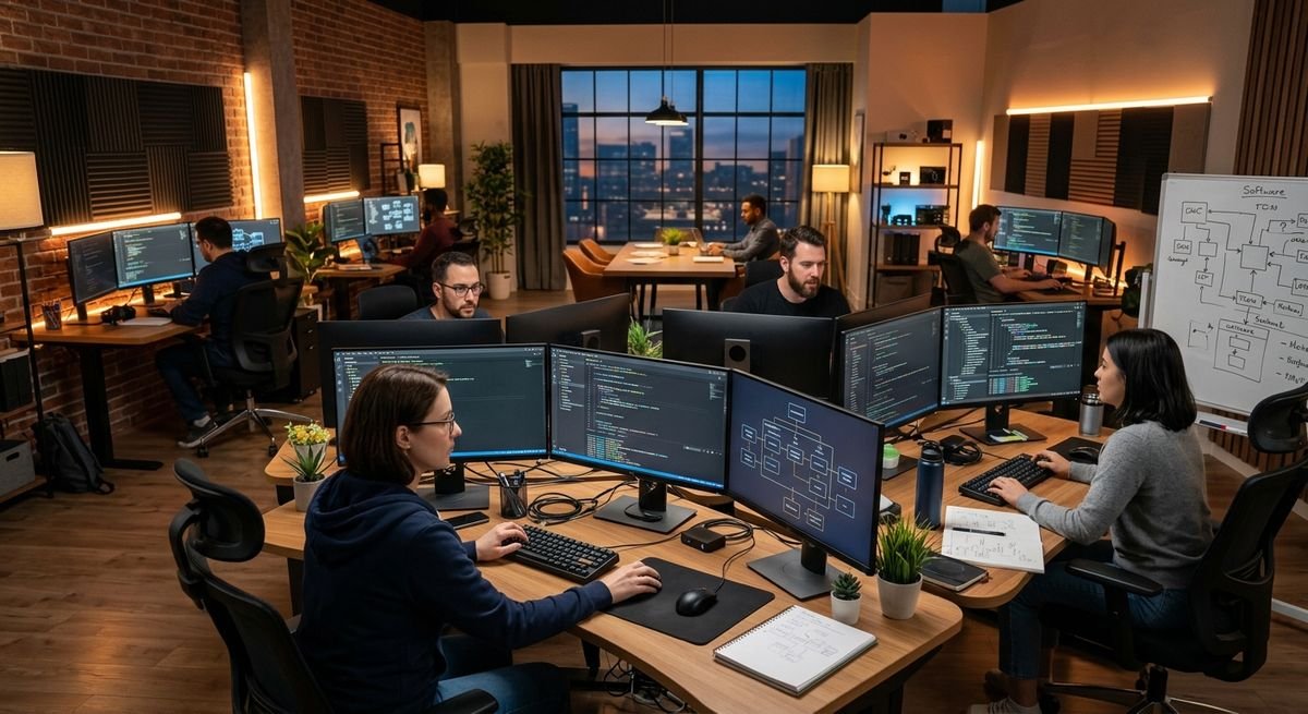 Professional software engineers collaborating on a complex software development project in a modern office.