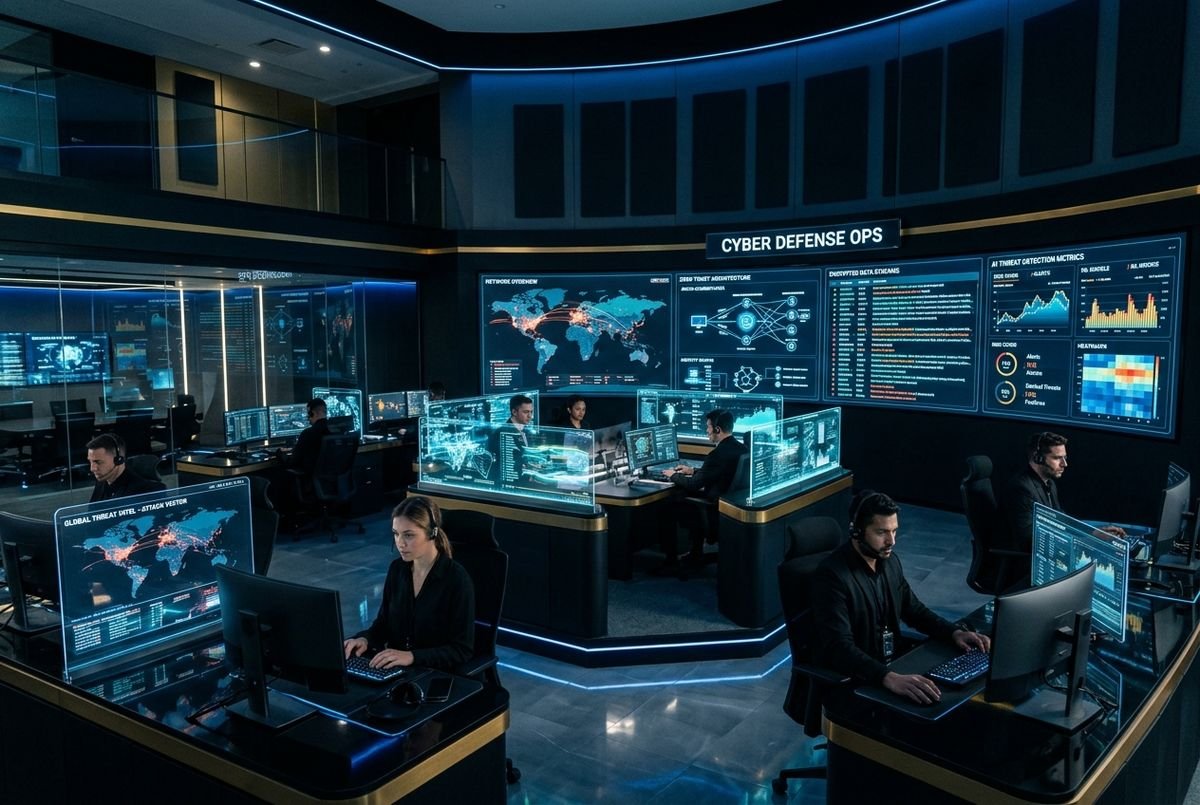 Enterprise security trends digital dashboard showing network defense systems