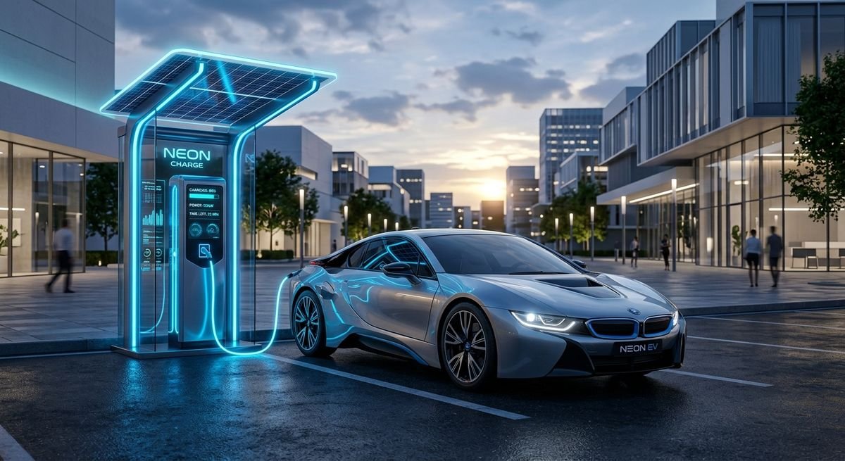 Futuristic electric vehicle charging at a modern solar-powered station in a clean city environment.