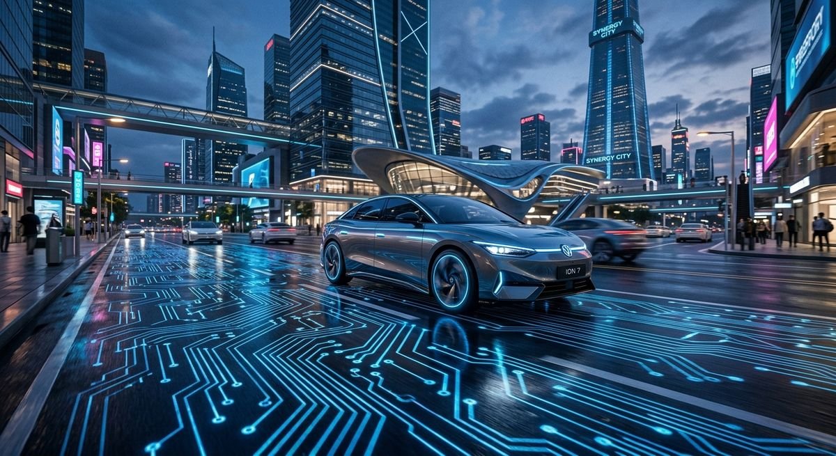 Futuristic electric vehicle navigating a modern smart city landscape with advanced energy technology.